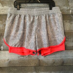 Danskin Now Gray Patterned Layered Athletic Shorts with Coral Trim
